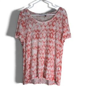 Marc Aurel Hippie 100% Linen Coral Ikat Chevron Print Short Sleeve Top L